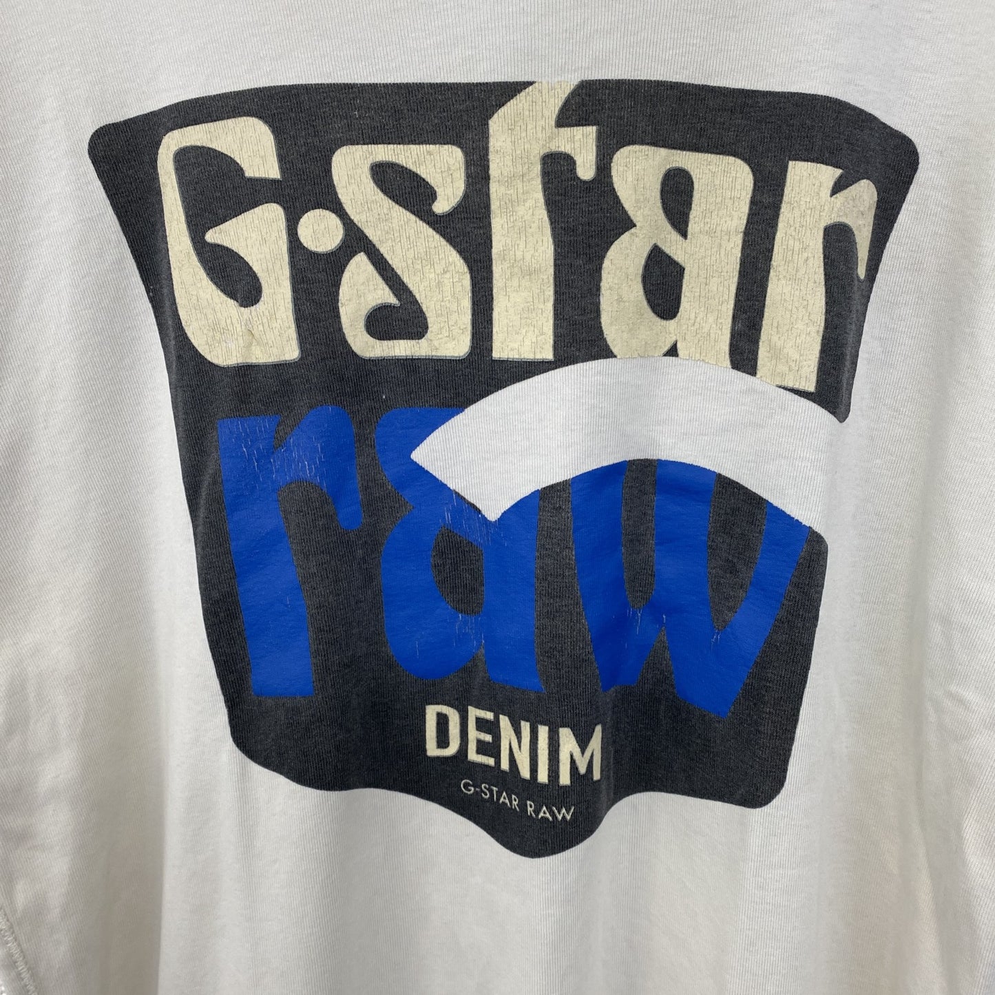 古着 used　G-STAR ROW　半袖ビッグロゴプリントTシャツ　クルーネック　春夏服　白　カジュアルデザイン　Lサイズ
