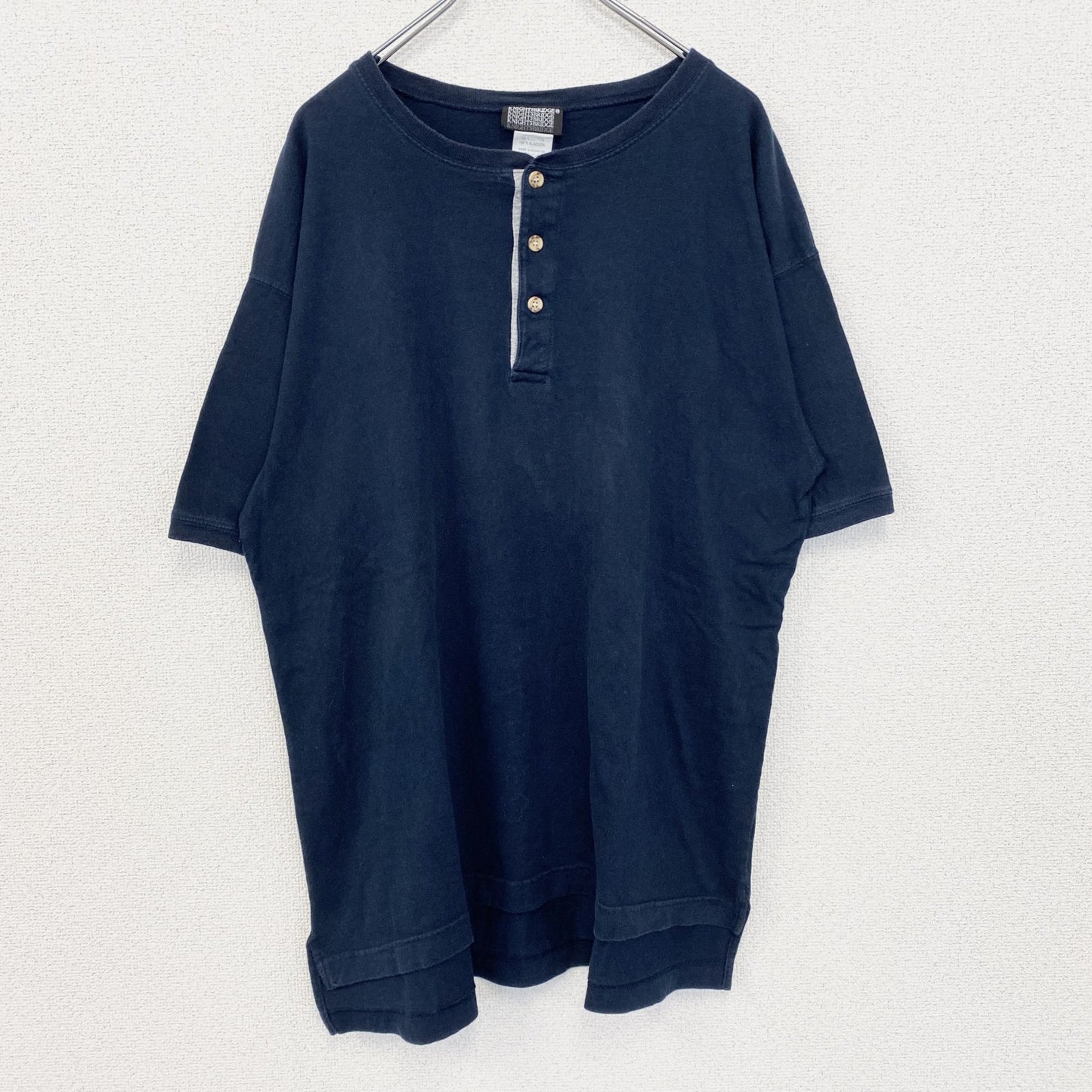古着 used　KNIGHTSBRIDGE　半袖無地Tシャツ　シンプルデザイン　ノームコア　ヘンリーネック　ネイビー　Lサイズ