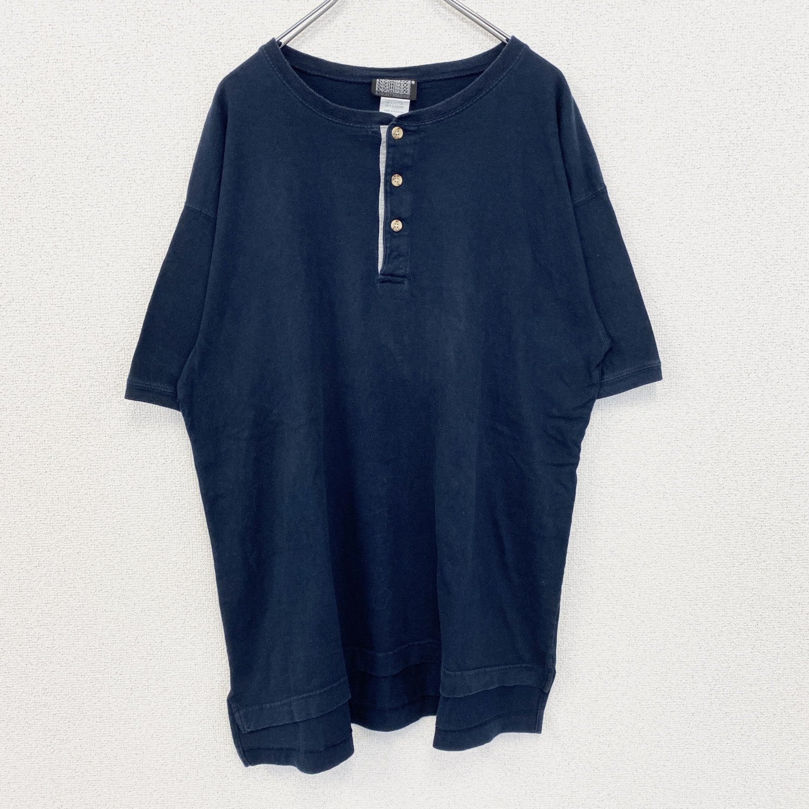 古着 used　KNIGHTSBRIDGE　半袖無地Tシャツ　シンプルデザイン　ノームコア　ヘンリーネック　ネイビー　Lサイズ