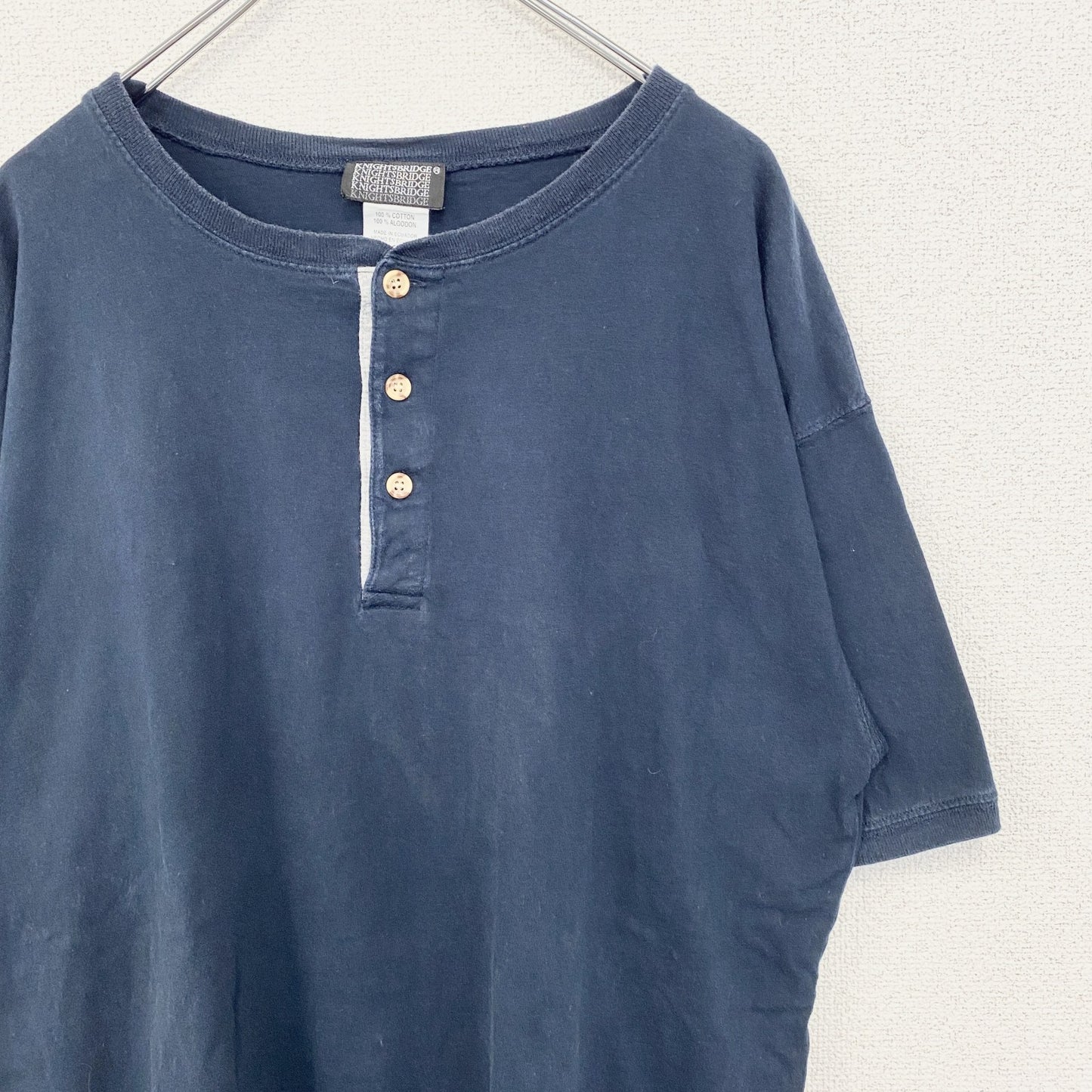古着 used　KNIGHTSBRIDGE　半袖無地Tシャツ　シンプルデザイン　ノームコア　ヘンリーネック　ネイビー　Lサイズ