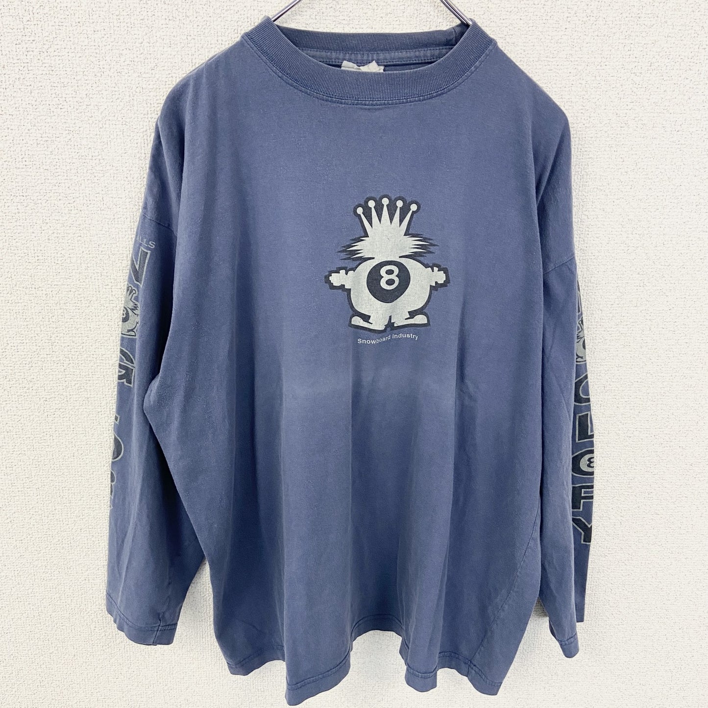 古着　used 長袖プリントTシャツ　ロンT　ネイビー　くすみカラー　エイトボール　両袖プリント　アメカジ　クルーネック