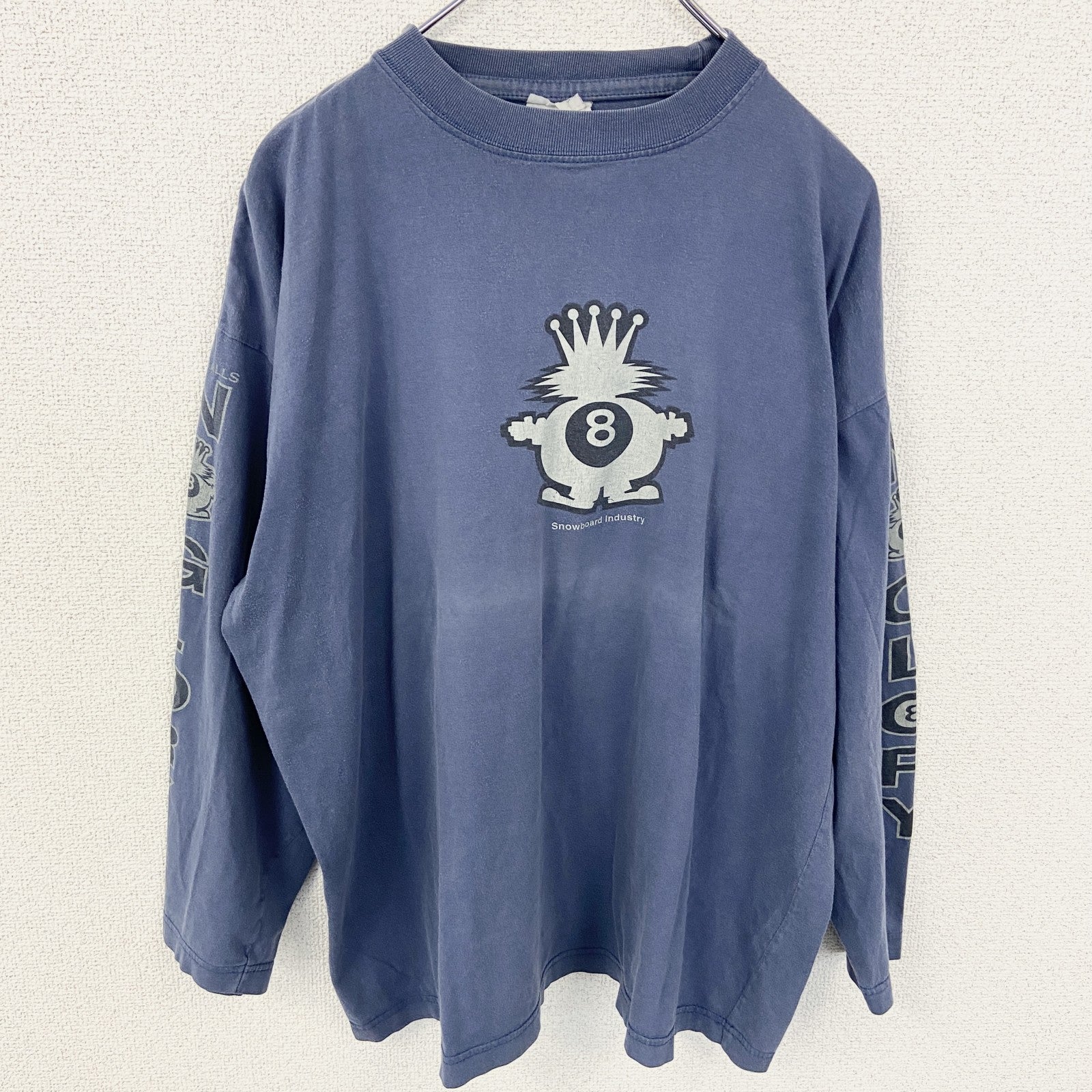 古着　used 長袖プリントTシャツ　ロンT　ネイビー　くすみカラー　エイトボール　両袖プリント　アメカジ　クルーネック