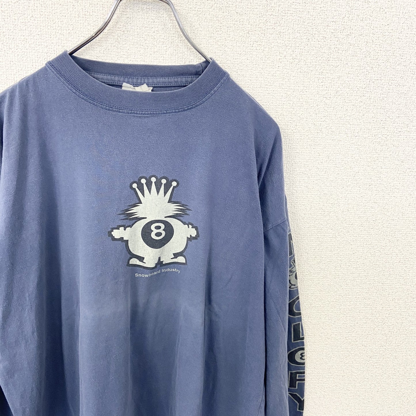 古着　used 長袖プリントTシャツ　ロンT　ネイビー　くすみカラー　エイトボール　両袖プリント　アメカジ　クルーネック