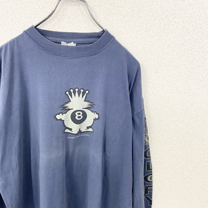 古着　used 長袖プリントTシャツ　ロンT　ネイビー　くすみカラー　エイトボール　両袖プリント　アメカジ　クルーネック
