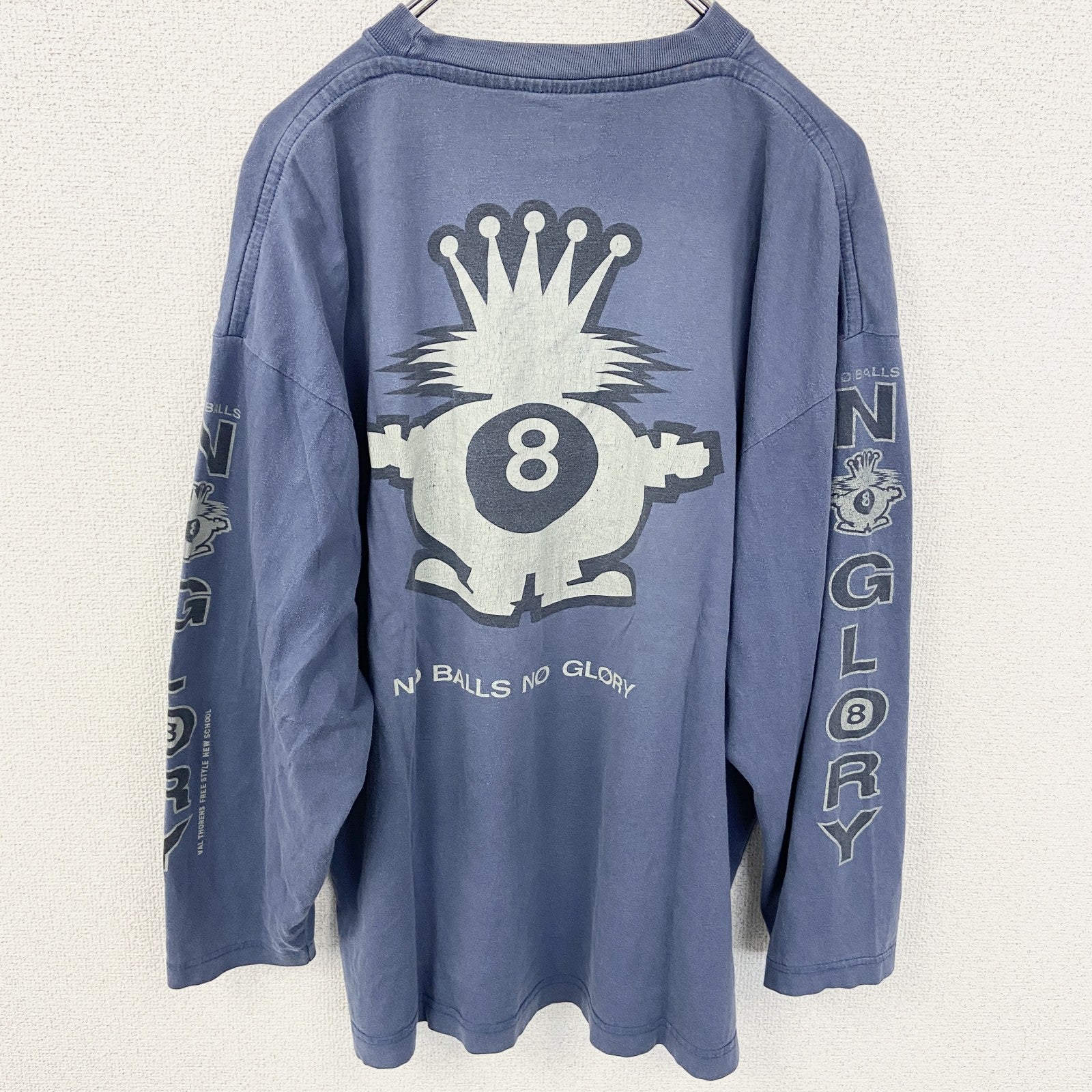 古着　used 長袖プリントTシャツ　ロンT　ネイビー　くすみカラー　エイトボール　両袖プリント　アメカジ　クルーネック