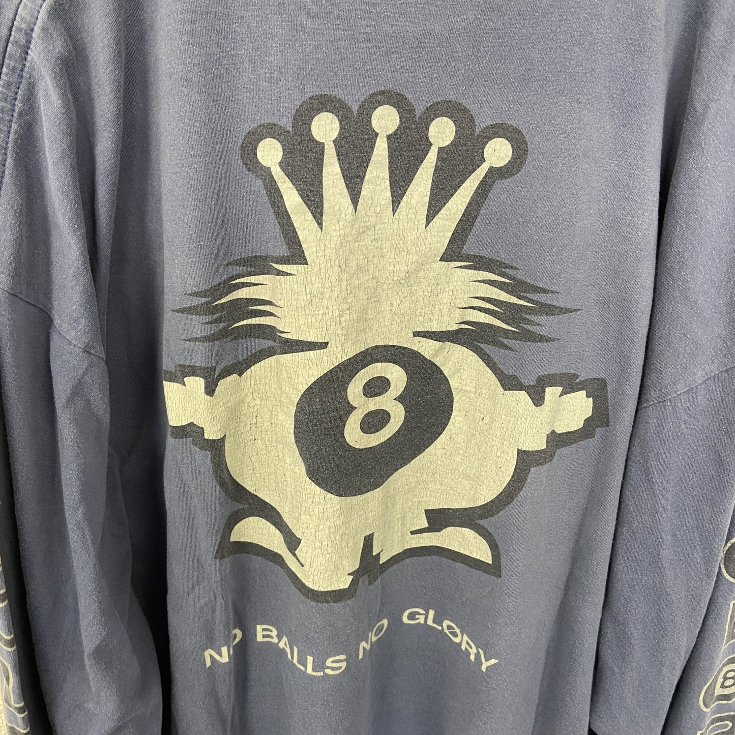 古着　used 長袖プリントTシャツ　ロンT　ネイビー　くすみカラー　エイトボール　両袖プリント　アメカジ　クルーネック