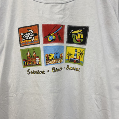 半袖プリントイラストTシャツ　ブラジル　亀　ヤシの木　太鼓　白　ホワイト　Mサイズ