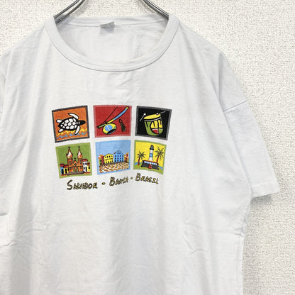 半袖プリントイラストTシャツ　ブラジル　亀　ヤシの木　太鼓　白　ホワイト　Mサイズ