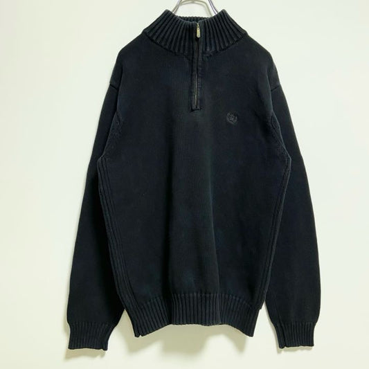 古着 used　IZOD　アイゾッド　長袖ハーフジップハイネックニット　セーター　ワンポイント刺繡　黒　ブラック　秋冬服　Mサイズ