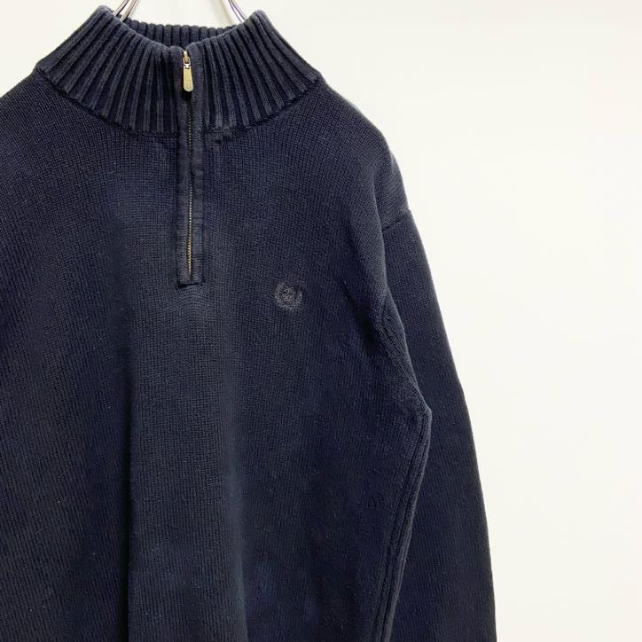 古着 used　IZOD　アイゾッド　長袖ハーフジップハイネックニット　セーター　ワンポイント刺繡　黒　ブラック　秋冬服　Mサイズ