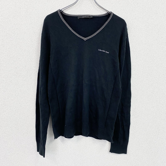 Calvin Klein Jeans　カルバンクラインジーンズ　コットンニットセーター　Vネック　刺繍ロゴ　黒　ブラック　Lサイズ　
