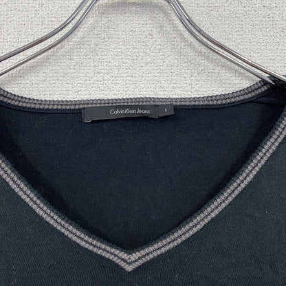 Calvin Klein Jeans　カルバンクラインジーンズ　コットンニットセーター　Vネック　刺繍ロゴ　黒　ブラック　Lサイズ　