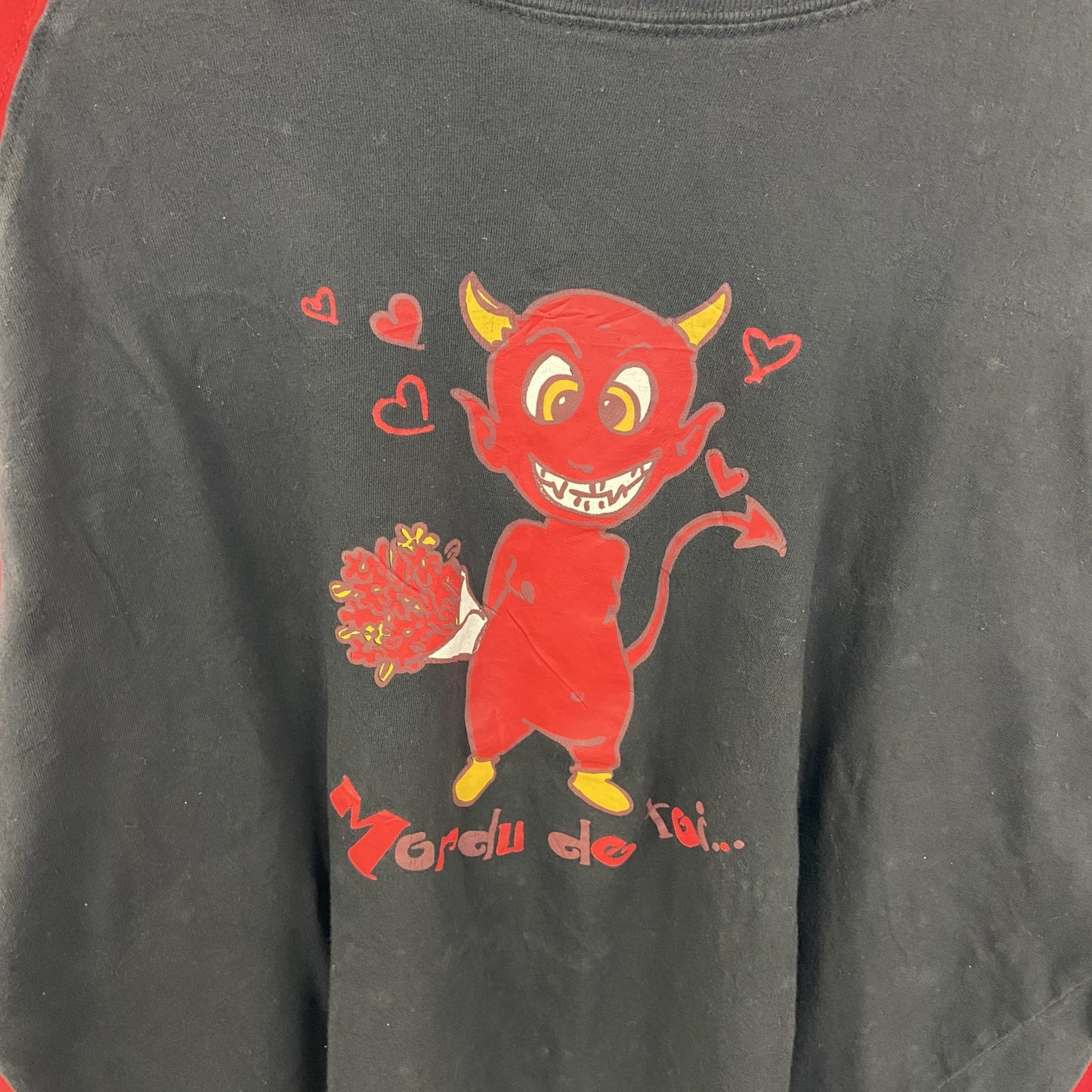 古着 used　長袖ラグランTシャツ　黒　ブラック　赤　カットソー　デビルプリント　キャラクター　ストリート　ロック系