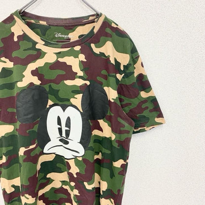 古着 used　Disney ディズニー　半袖迷彩柄ミッキープリントTシャツ　クルーネック　レトロ　刺繍ロゴ　カモ柄　Mサイズ