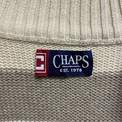古着 used　CHAPS　チャップス　長袖ハーフジップボーダー柄ニット　セーター　ワンポイント刺繍　白　ホワイト　XLサイズ