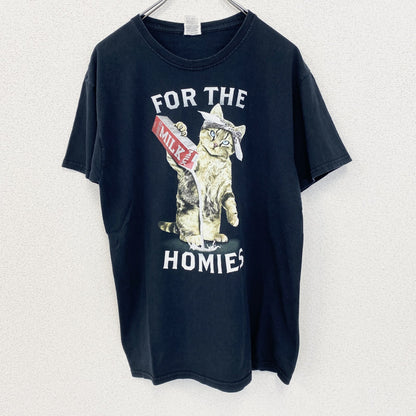 古着 used　FRUIT OF THE LOOM　半袖プリントTシャツ　キャット　ミルク　クルーネック　黒色　ブラック　Mサイズ