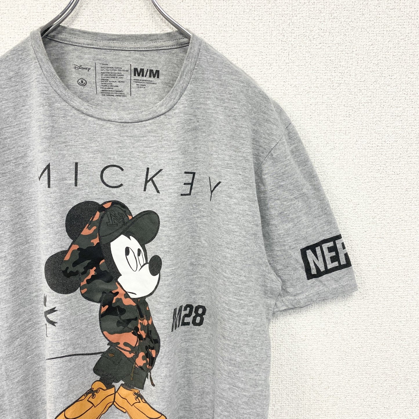 古着 used　Disney ディズニー　半袖ミッキーマウスプリントTシャツ　迷彩柄　クルーネック　グレー　レトロ　Mサイズ　