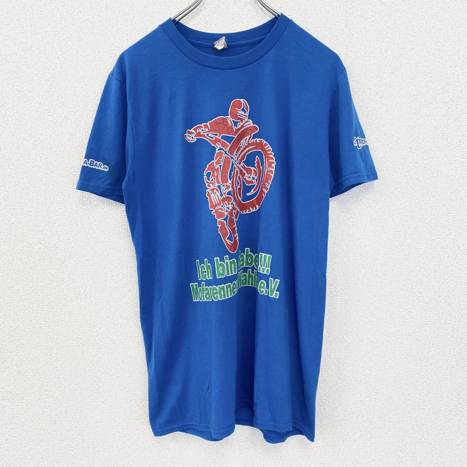 古着 used　anvil アンビル　半袖プリントTシャツ　バイクレーサー　背番号　1　クルーネック　青　レトロ　Mサイズ