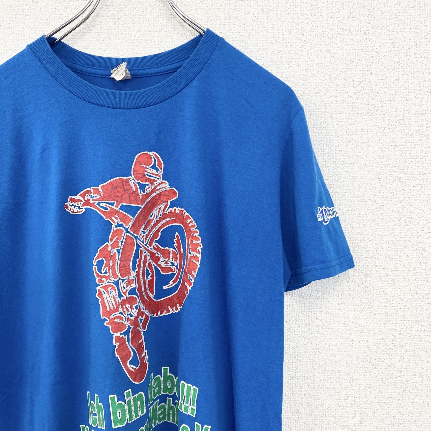 古着 used　anvil アンビル　半袖プリントTシャツ　バイクレーサー　背番号　1　クルーネック　青　レトロ　Mサイズ