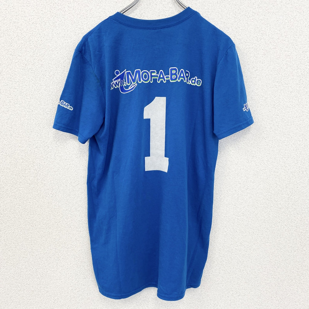 古着 used　anvil アンビル　半袖プリントTシャツ　バイクレーサー　背番号　1　クルーネック　青　レトロ　Mサイズ