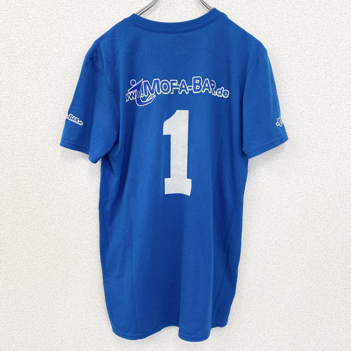 古着 used　anvil アンビル　半袖プリントTシャツ　バイクレーサー　背番号　1　クルーネック　青　レトロ　Mサイズ