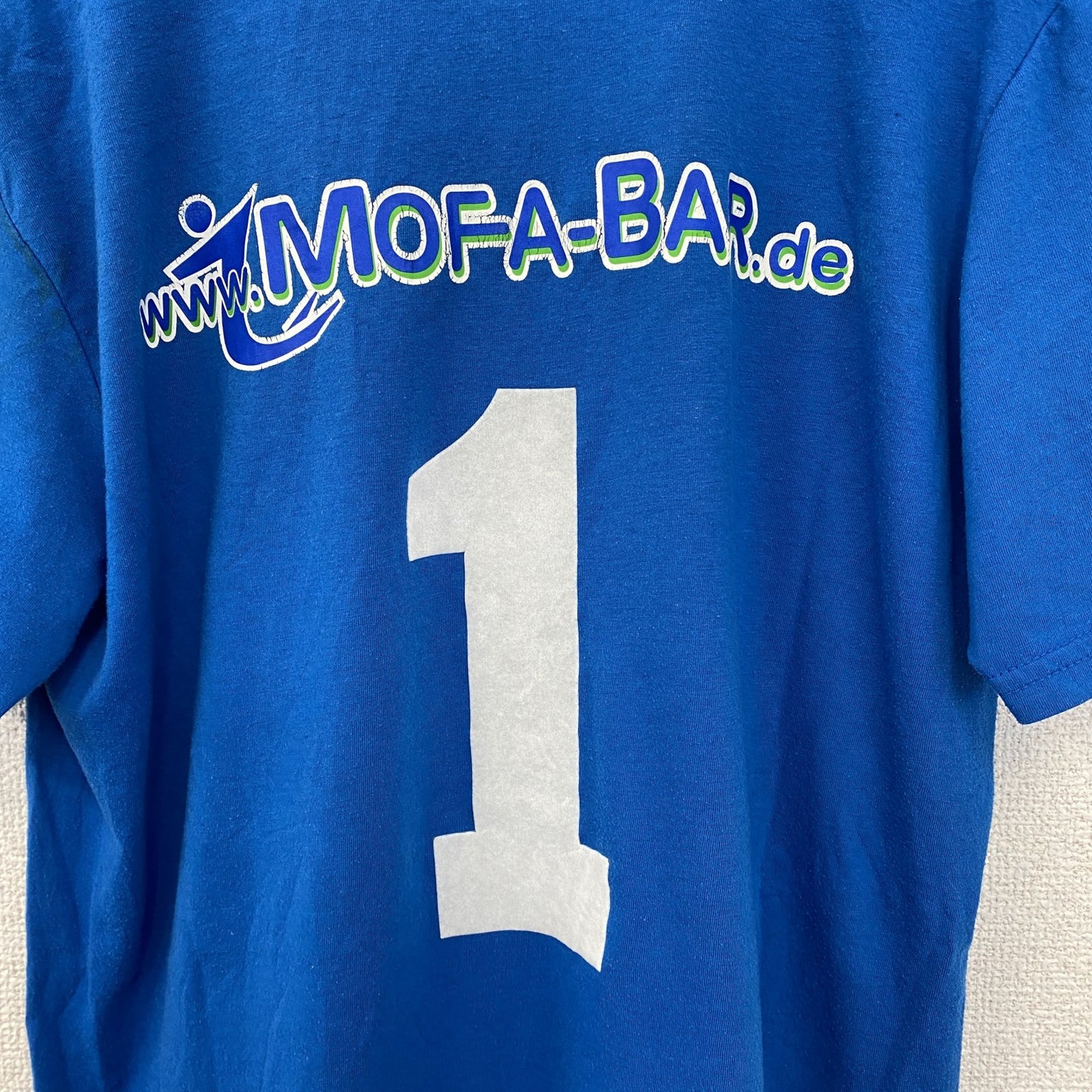 古着 used　anvil アンビル　半袖プリントTシャツ　バイクレーサー　背番号　1　クルーネック　青　レトロ　Mサイズ