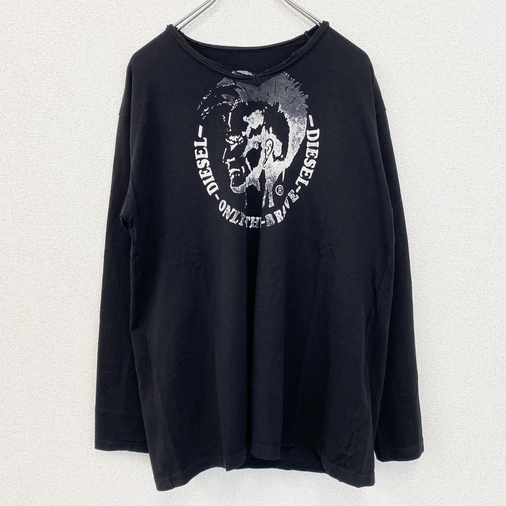 古着 used　DIESEL ディーゼル　長袖プリントTシャツ　カジュアルデザイン　クルーネック　黒　レトロ　3XLサイズ
