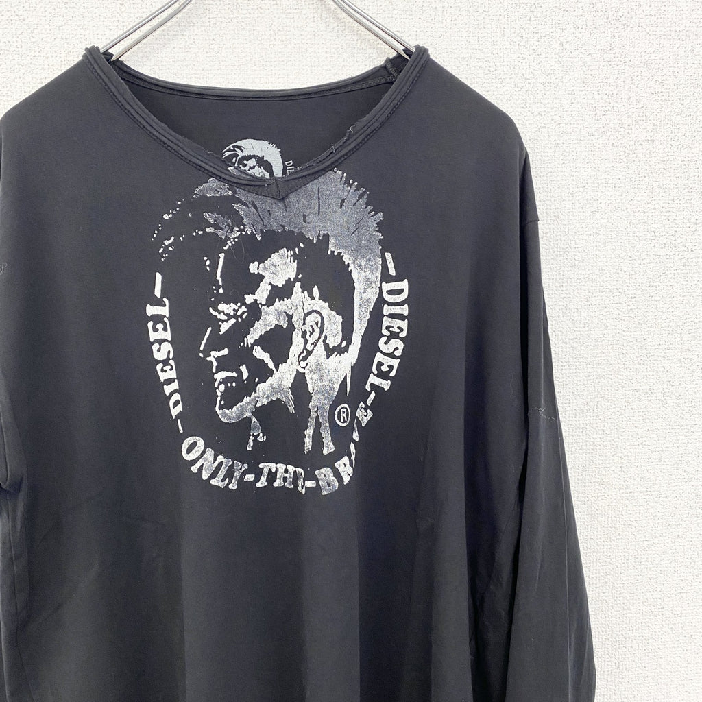 古着 used　DIESEL ディーゼル　長袖プリントTシャツ　カジュアルデザイン　クルーネック　黒　レトロ　3XLサイズ