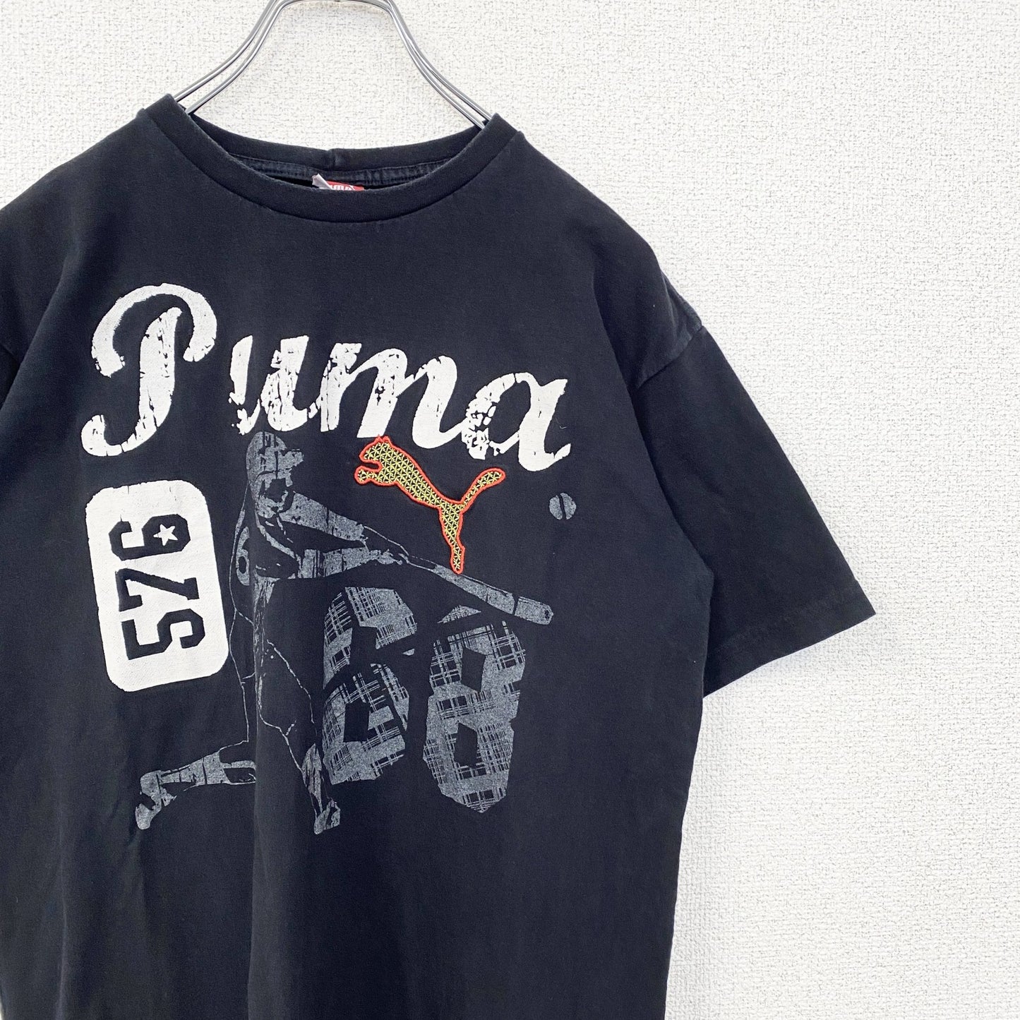 古着 used　puma　プーマ　半袖プリントTシャツ　レトロデザイン　クルーネック　スポーツ　野球　68　黒　ブラック