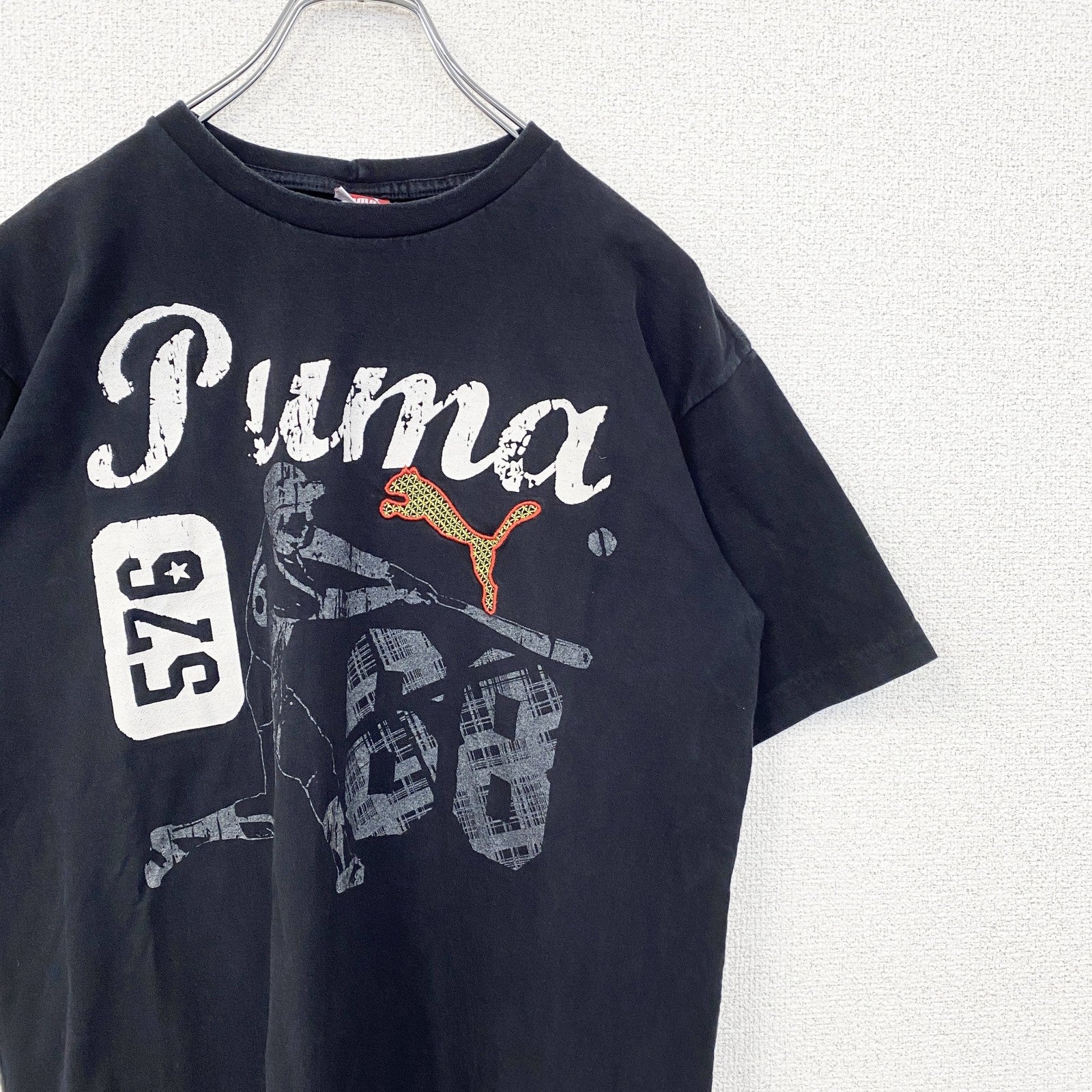 古着 used　puma　プーマ　半袖プリントTシャツ　レトロデザイン　クルーネック　スポーツ　野球　68　黒　ブラック