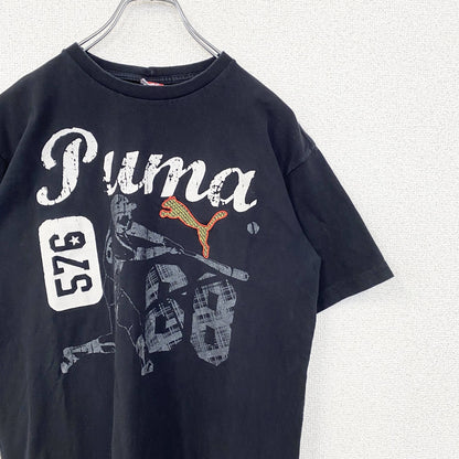 古着 used　puma　プーマ　半袖プリントTシャツ　レトロデザイン　クルーネック　スポーツ　野球　68　黒　ブラック