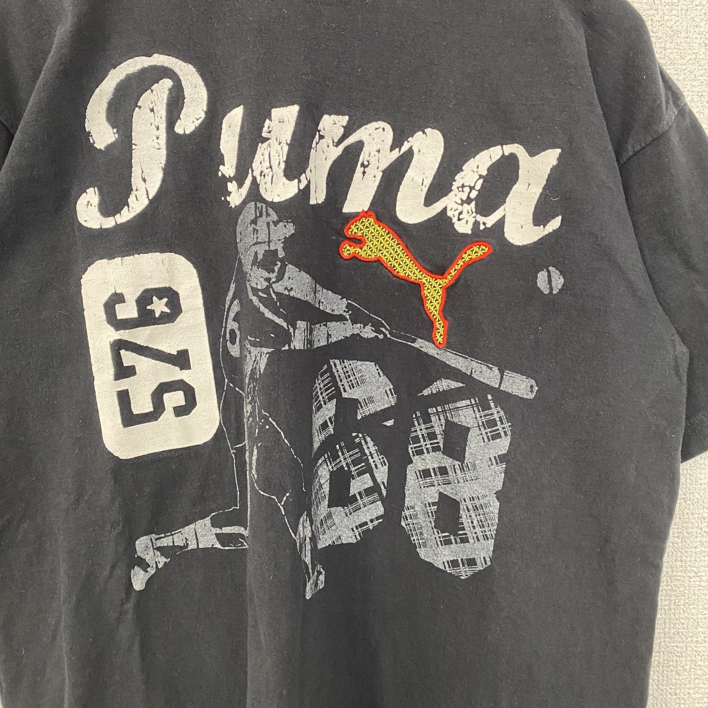 古着 used　puma　プーマ　半袖プリントTシャツ　レトロデザイン　クルーネック　スポーツ　野球　68　黒　ブラック
