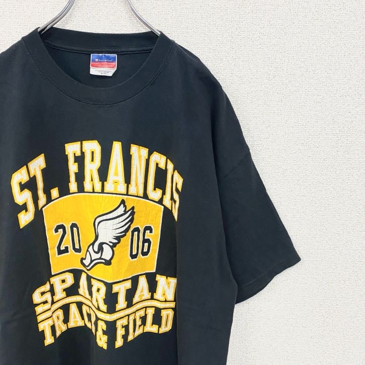 古着 used　champion　チャンピオン　半袖プリントTシャツ　バックプリント　レトロデザイン　ブラック　黒　XLサイズ