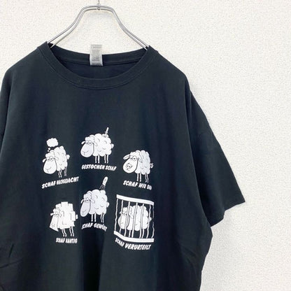 古着 used　GILDAN ギルダン　半袖アニマルプリントTシャツ　クルーネック　レトロデザイン　羊　黒　ブラック　XLサイズ