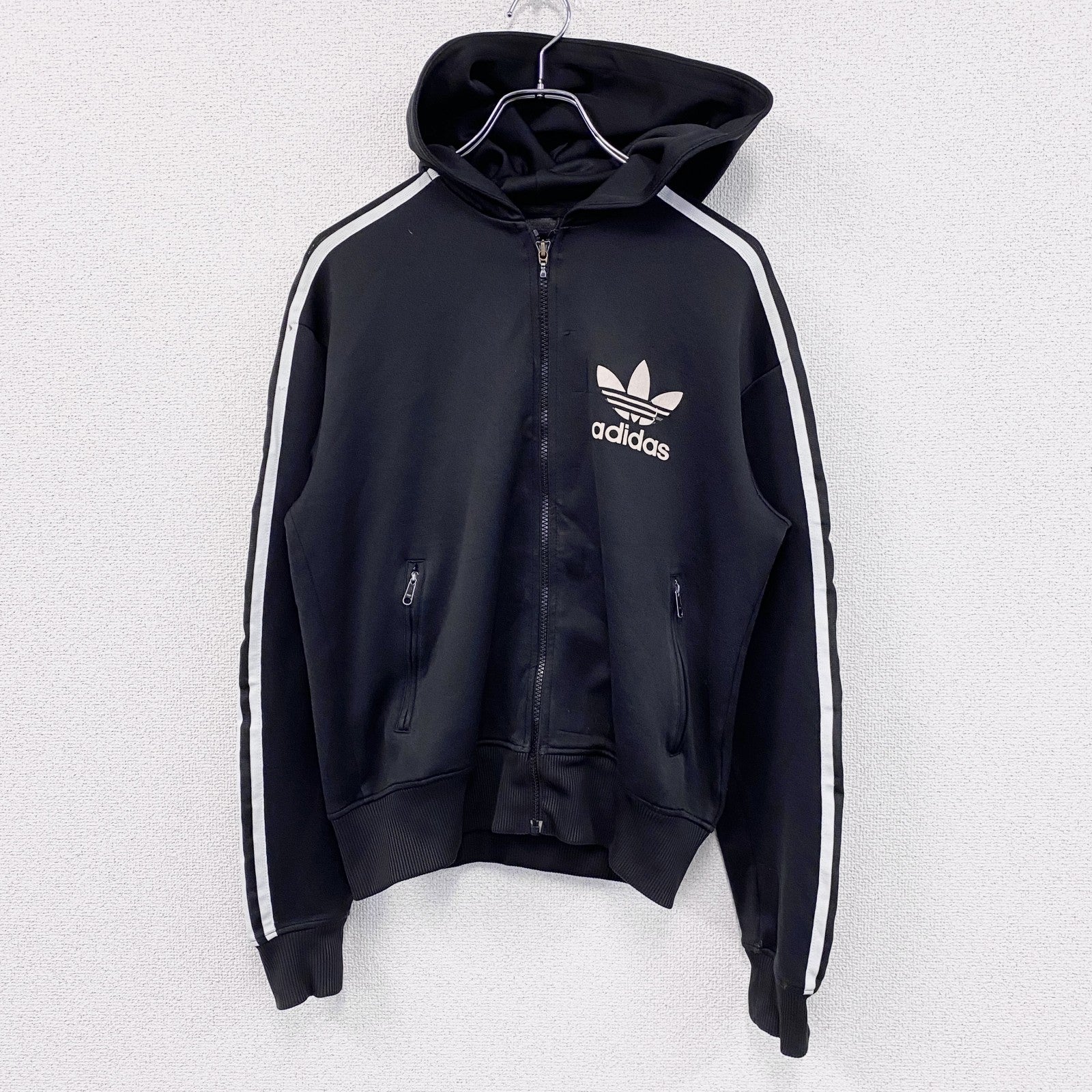 00s　adidas　アディダス　トラックジャケット/ジャージパーカー　デカロゴ　トレフォイルロゴ　ヴィンテージ　黒　ブラック　Sサイズ