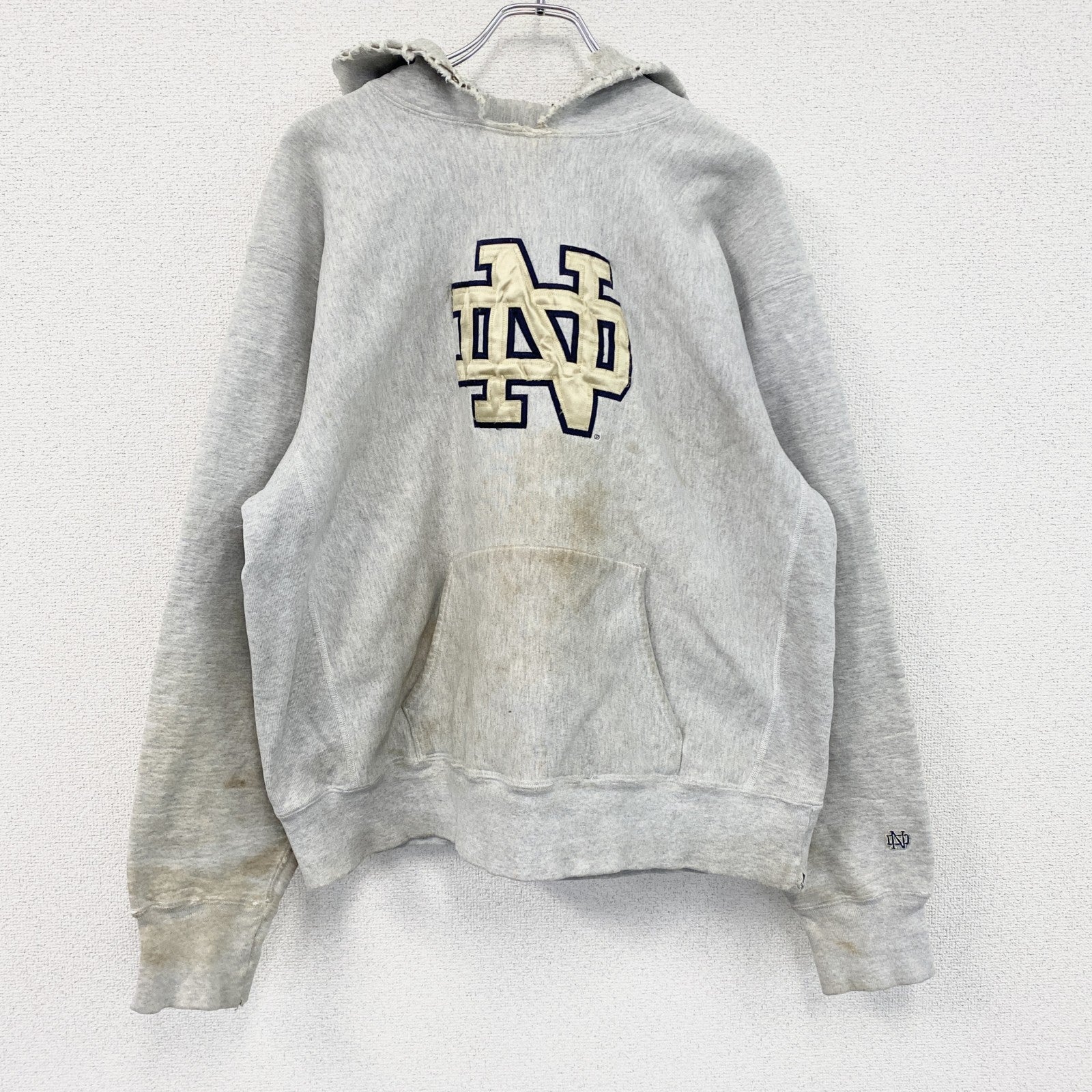90s　University of Notre Dame　スウェットパーカー/フーディー　ボロ　霜降りグレー　XLサイズ