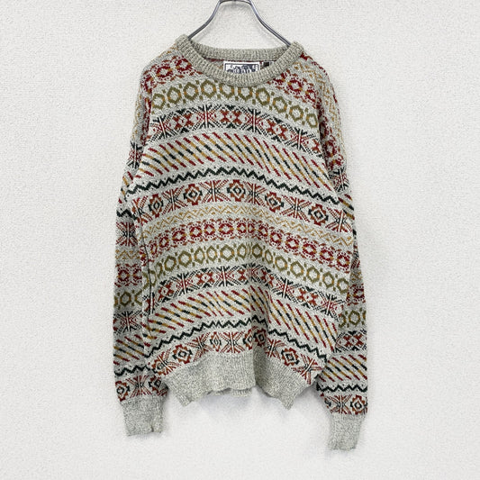 ～90s　WEAR　コットンニットセーター　ノルディック柄　ヴィンテージ　総柄　マルチカラー　灰色　グレー　XLサイズ