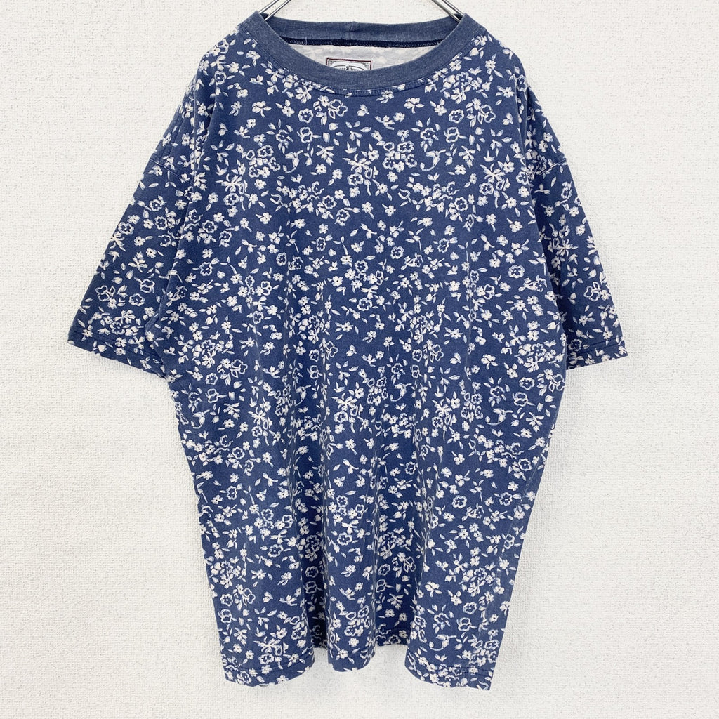 古着 used　Heroes＆Hunters　半袖柄プリントビッグTシャツ　お花　レトロデザイン　クルーネック　ブルー　XLサイズ