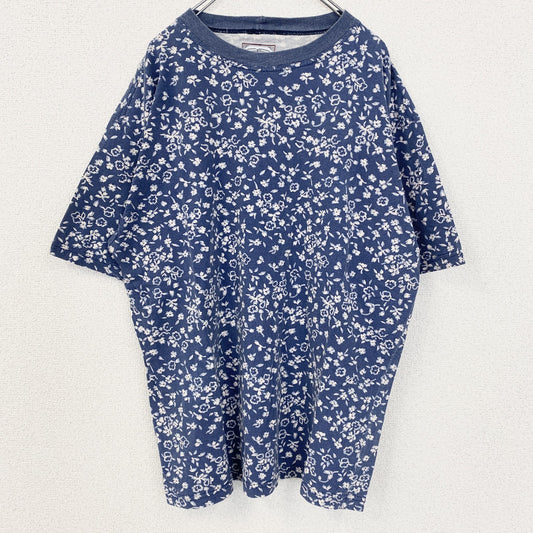 古着 used　Heroes＆Hunters　半袖柄プリントビッグTシャツ　お花　レトロデザイン　クルーネック　ブルー　XLサイズ