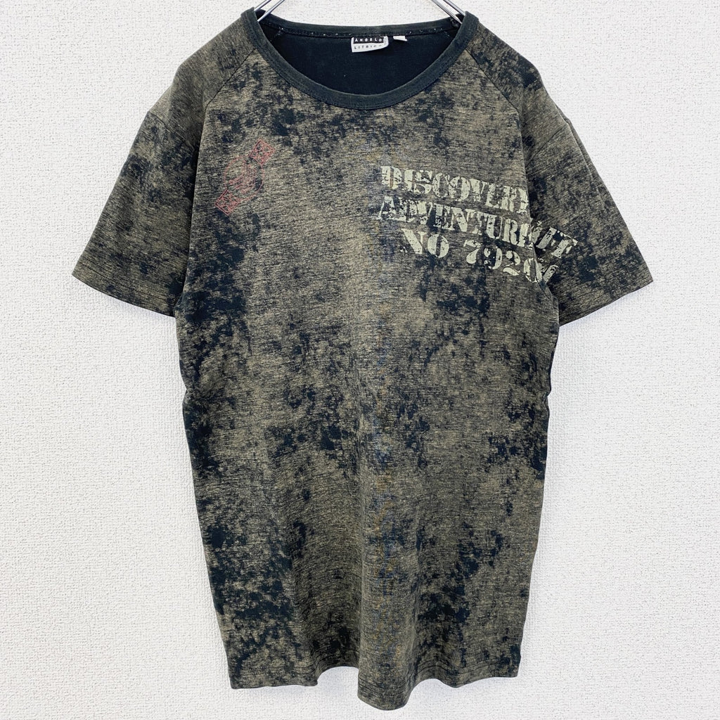 古着 used　ANGELOLITRICO　半袖プリントTシャツ　加工染め　レトロデザイン　クルーネック　黒　ブラック　Mサイズ