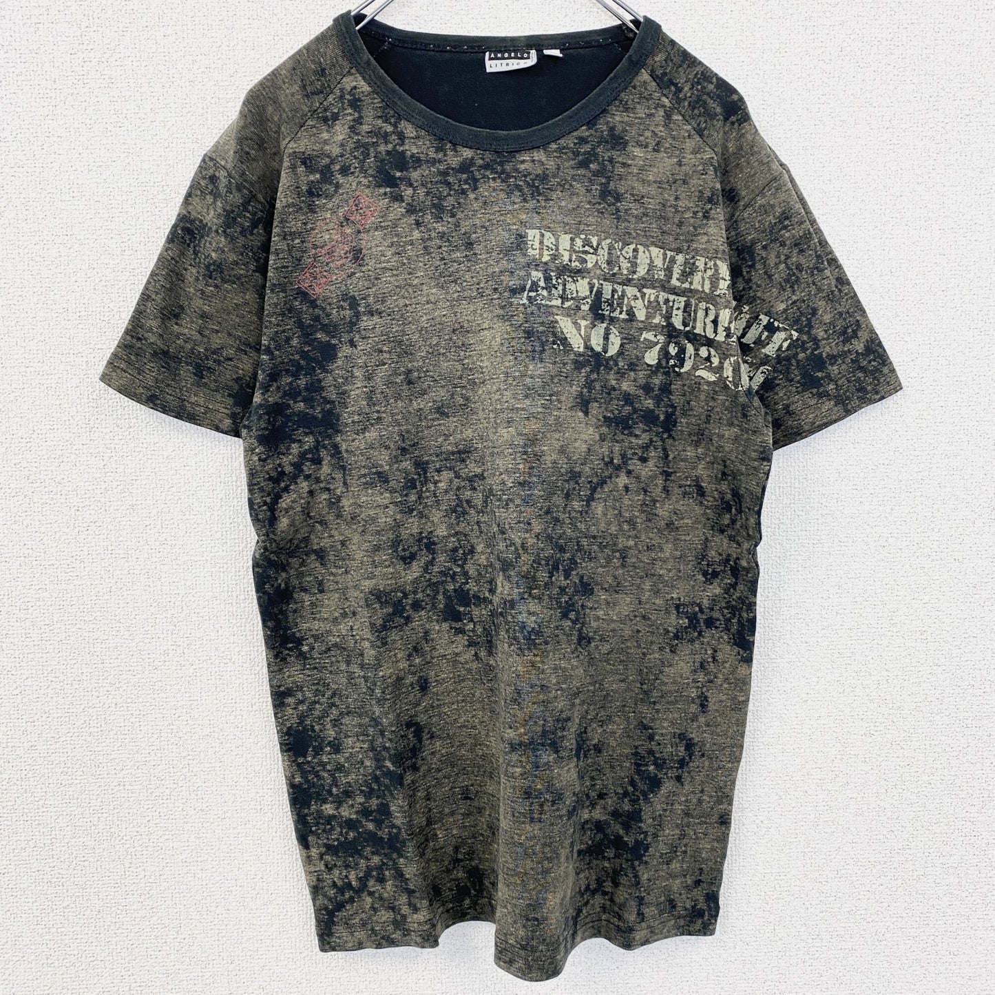 古着 used　ANGELOLITRICO　半袖プリントTシャツ　加工染め　レトロデザイン　クルーネック　黒　ブラック　Mサイズ