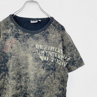 古着 used　ANGELOLITRICO　半袖プリントTシャツ　加工染め　レトロデザイン　クルーネック　黒　ブラック　Mサイズ