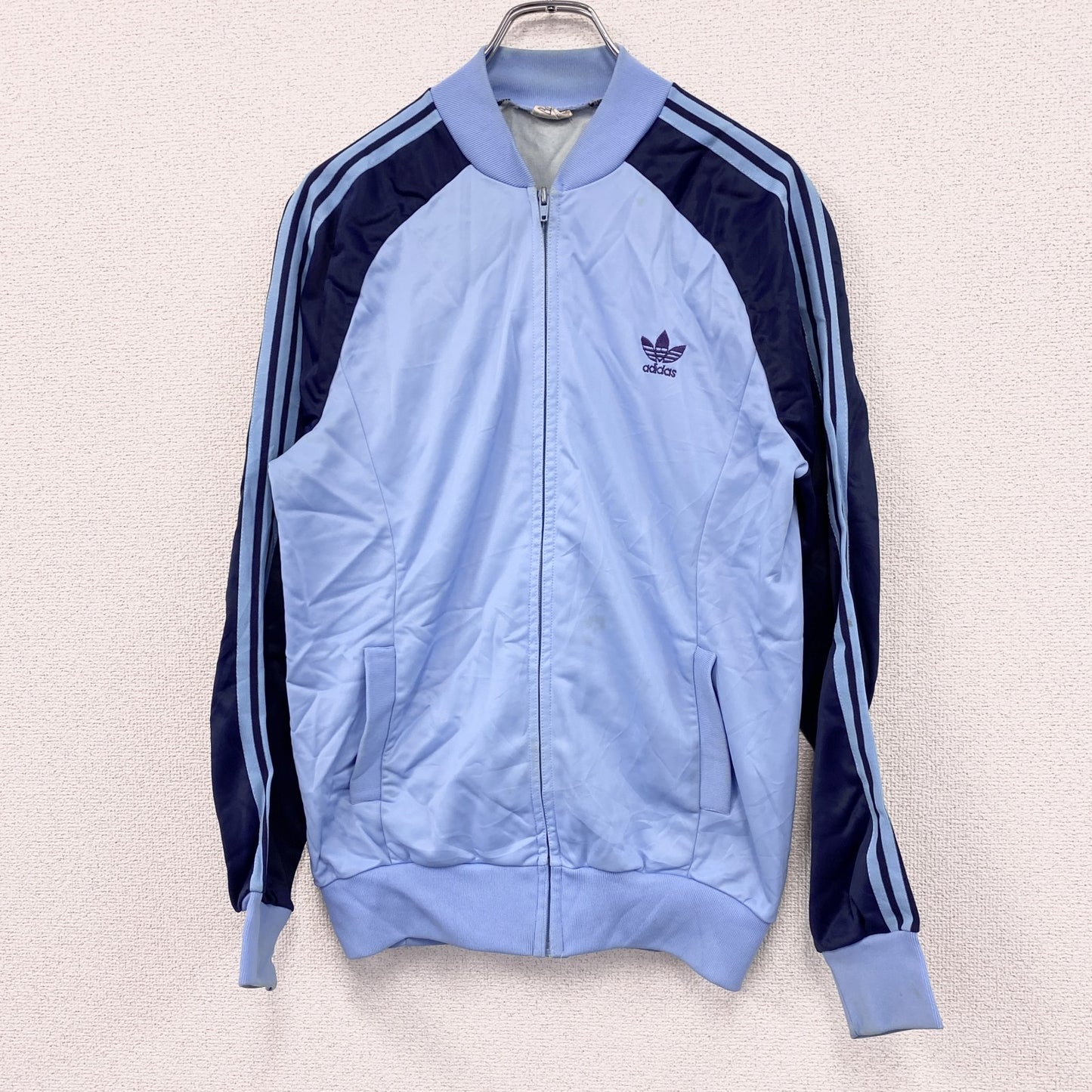 70s～　adidas　アディダス　ATP　ノーカラートラックジャケット/ジャージ　トレフォイルロゴ　ヴィンテージ　青　ブルー