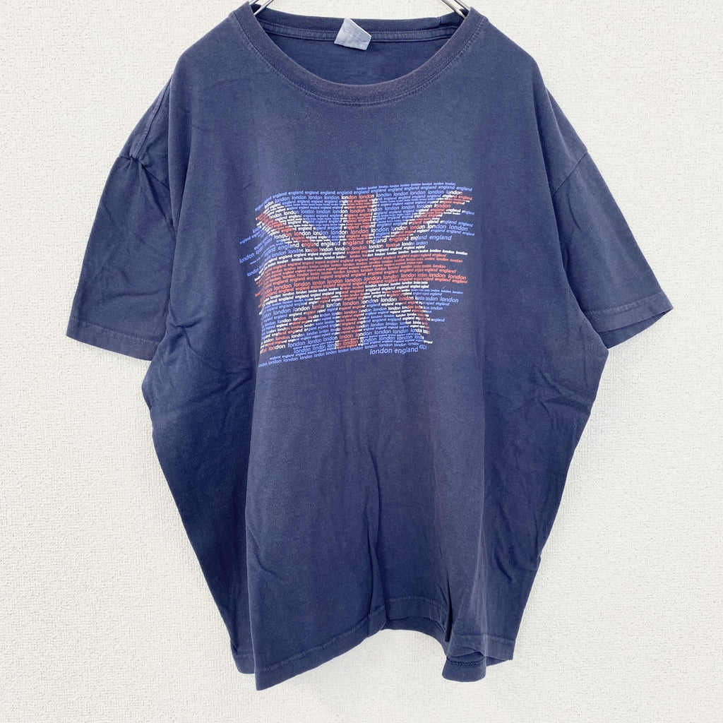 古着 used　GILDAN　ギルダン　半袖プリントTシャツ　レトロデザイン　クルーネック　イギリス　国旗　ネイビー　XXLサイズ