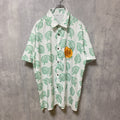 古着 used　半袖総柄デザインシャツ　アロハシャツ　白　緑　葉っぱ柄　リーフ柄　レトロ　ワンポイント　緑　白　Lサイズ