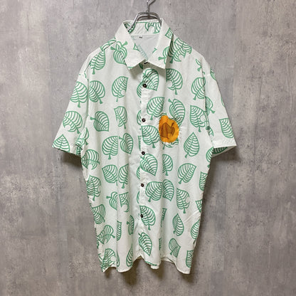 古着 used　半袖総柄デザインシャツ　アロハシャツ　白　緑　葉っぱ柄　リーフ柄　レトロ　ワンポイント　緑　白　Lサイズ