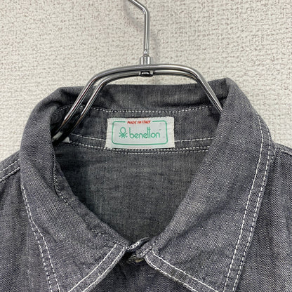 90s　BENETTON　ベネトン　長袖シャンブレーシャツ　ジップポケット　2つポケット　ヴィンテージ　灰色　グレー　Sサイズ