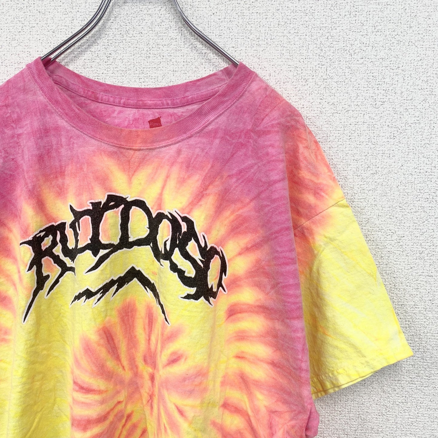 古着　used　Hanes　ヘインズ　半袖プリントTシャツ　タイダイ　RUIDOSO　ピンク　黄　イエロー　XLサイズ