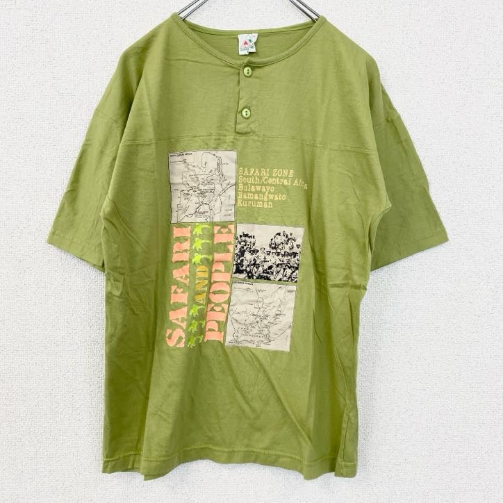 古着 used　半袖プリントTシャツ　レトロデザイン　SAFARI ZONE　地図　クルーネック　緑　グリーン　Mサイズ