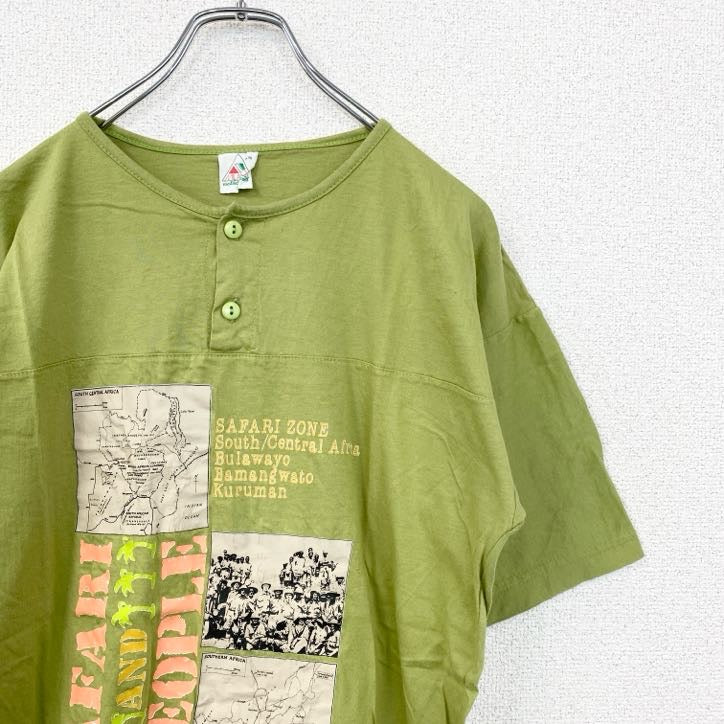 古着 used　半袖プリントTシャツ　レトロデザイン　SAFARI ZONE　地図　クルーネック　緑　グリーン　Mサイズ